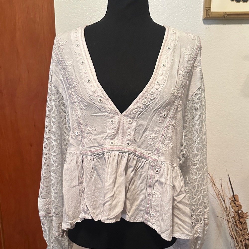 Free People Chic Lace Embellished Light Blue Blouse